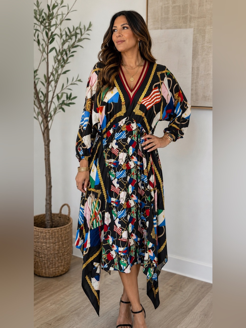 Sandro Paris - Black Multicolor Asymmetrical V-Neck Midi Dress by - Picture 1 of 6